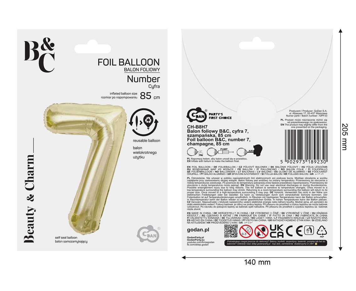 Foil balloon B&C, number 7, champagne, 85 cm